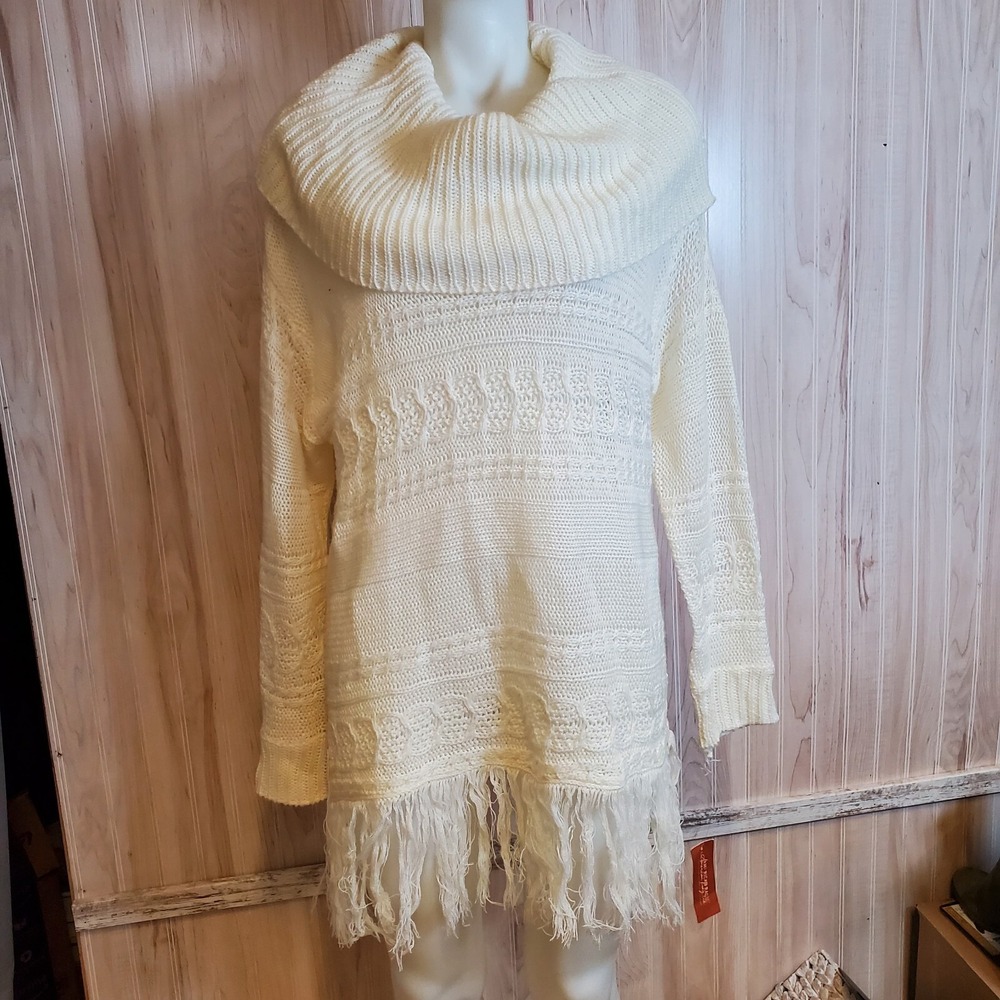 American Rag  Size S Boho Fringe Tunic Sweater Cowlneck  Oversize Cream‎ NWT